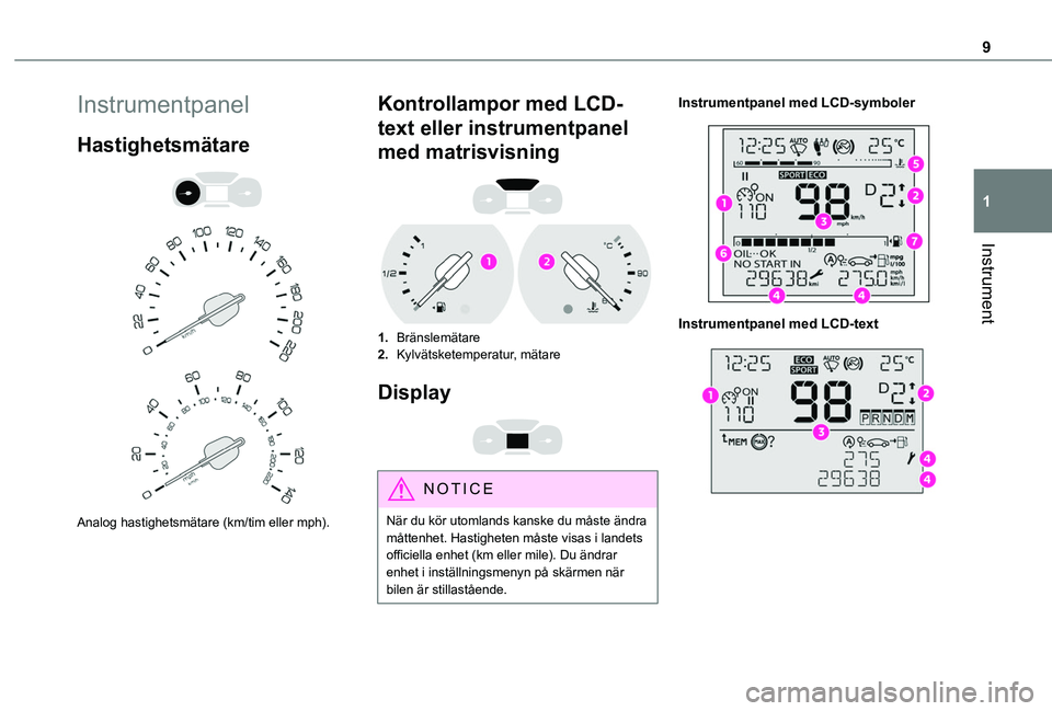 TOYOTA PROACE CITY VERSO 2020 Bruksanvisningar (in Swedish) 9
Instrument
1
Instrumentpanel
Hastighetsmätare
Analog hastighetsmätare (km/tim eller mph).
Kontrollampor med LCD-
text eller instrumentpanel
med matrisvisning
1.Bränslemätare
2.Kylväts TOYOTA PROACE CITY VERSO 2020 Bruksanvisningar (in Swedish) 9
Instrument
1
Instrumentpanel
Hastighetsmätare
Analog hastighetsmätare (km/tim eller mph).
Kontrollampor med LCD-
text eller instrumentpanel
med matrisvisning
1.Bränslemätare
2.Kylväts