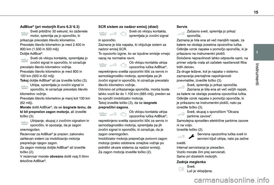 TOYOTA PROACE CITY VERSO 2020 Navodila Za Uporabo (in Slovenian) 15
Instrumenti
1
AdBlue® (pri motorjih Euro 6.2/ 6.3)Sveti približno 30 sekund, ko zaženete motor, spremlja pa jo sporočilo, ki prikazuje preostalo število kilometrov.Preostalo število kilometro TOYOTA PROACE CITY VERSO 2020 Navodila Za Uporabo (in Slovenian) 15
Instrumenti
1
AdBlue® (pri motorjih Euro 6.2/ 6.3)Sveti približno 30 sekund, ko zaženete motor, spremlja pa jo sporočilo, ki prikazuje preostalo število kilometrov.Preostalo število kilometro