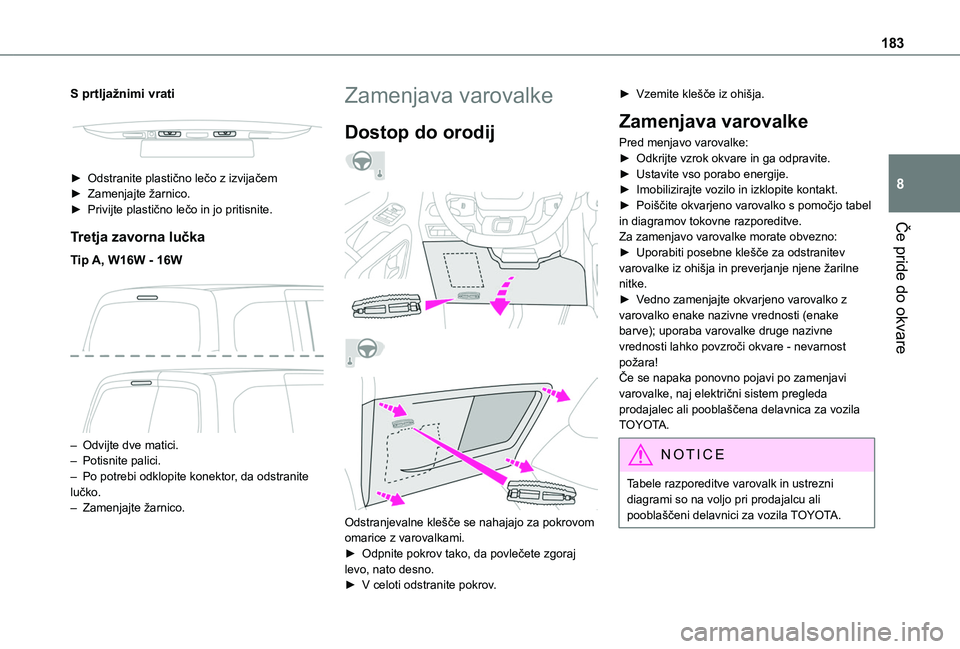TOYOTA PROACE CITY VERSO 2020 Navodila Za Uporabo (in Slovenian) 183
Če pride do okvare
8
S prtljažnimi vrati
► Odstranite plastično lečo z izvijačem► Zamenjajte žarnico.► Privijte plastično lečo in jo pritisnite.
Tretja zavorna lučka
Tip A, W16W TOYOTA PROACE CITY VERSO 2020 Navodila Za Uporabo (in Slovenian) 183
Če pride do okvare
8
S prtljažnimi vrati
► Odstranite plastično lečo z izvijačem► Zamenjajte žarnico.► Privijte plastično lečo in jo pritisnite.
Tretja zavorna lučka
Tip A, W16W