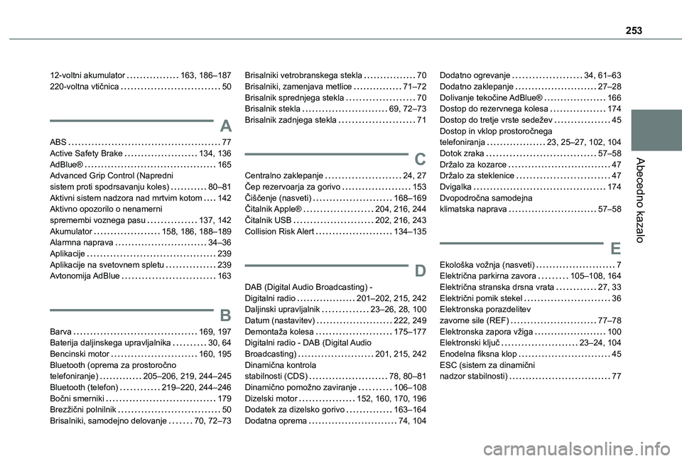 TOYOTA PROACE CITY VERSO 2020 Navodila Za Uporabo (in Slovenian) 253
Abecedno kazalo
12-voltni akumulator 163, 186–187220-voltna vtičnica 50
A
ABS 77Active Safety Brake 134, 136AdBlue® 165Advanced Grip Control (Napredni sistem proti spodrsavanju kole TOYOTA PROACE CITY VERSO 2020 Navodila Za Uporabo (in Slovenian) 253
Abecedno kazalo
12-voltni akumulator 163, 186–187220-voltna vtičnica 50
A
ABS 77Active Safety Brake 134, 136AdBlue® 165Advanced Grip Control (Napredni sistem proti spodrsavanju kole