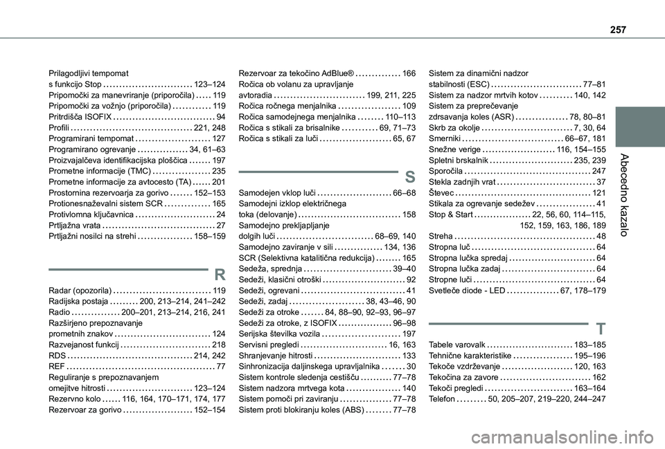 TOYOTA PROACE CITY VERSO 2020 Navodila Za Uporabo (in Slovenian) 257
Abecedno kazalo
Prilagodljivi tempomat s funkcijo Stop 123–124Pripomočki za manevriranje (priporočila) 11 9Pripomočki za vožnjo (priporočila) 11 9Pritrdišča ISOFIX 94Profili 22 TOYOTA PROACE CITY VERSO 2020 Navodila Za Uporabo (in Slovenian) 257
Abecedno kazalo
Prilagodljivi tempomat s funkcijo Stop 123–124Pripomočki za manevriranje (priporočila) 11 9Pripomočki za vožnjo (priporočila) 11 9Pritrdišča ISOFIX 94Profili 22