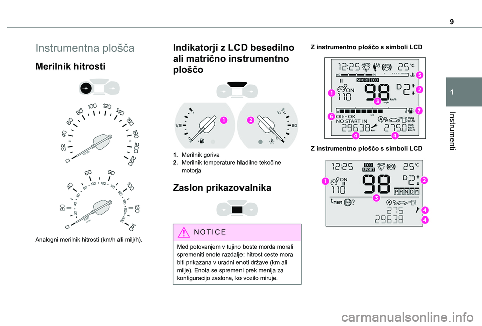 TOYOTA PROACE CITY VERSO 2020  Navodila Za Uporabo (in Slovenian) 9
Instrumenti
1
Instrumentna plošča
Merilnik hitrosti 
  
 
Analogni merilnik hitrosti (km/h ali milj/h).
Indikatorji z LCD besedilno 
ali matrično instrumentno 
ploščo 
 
1.Merilnik goriva
2.Mer