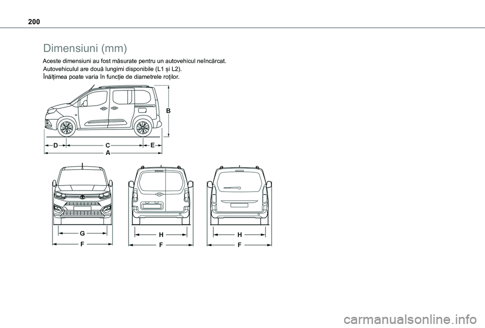 TOYOTA PROACE CITY VERSO 2020 Manual de utilizare (in Romanian) 200
Dimensiuni (mm)
Aceste dimensiuni au fost măsurate pentru un autovehicul neîncărcat.Autovehiculul are două lungimi disponibile (L1 și L2).Înălțimea poate varia în funcție de diametrele r TOYOTA PROACE CITY VERSO 2020 Manual de utilizare (in Romanian) 200
Dimensiuni (mm)
Aceste dimensiuni au fost măsurate pentru un autovehicul neîncărcat.Autovehiculul are două lungimi disponibile (L1 și L2).Înălțimea poate varia în funcție de diametrele r