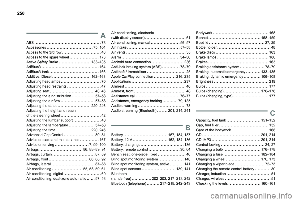 TOYOTA PROACE CITY VERSO 2021  Owners Manual 250
A
ABS   78Accessories   75, 104Access to the 3rd row   46Access to the spare wheel   173Active Safety Brake   133–135AdBlue®   164AdBlue® tank   166Additive, Diesel   162–163Adjusting headla