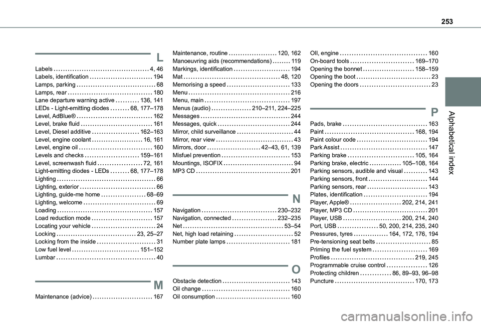 TOYOTA PROACE CITY VERSO 2021  Owners Manual 253
Alphabetical index
L
Labels   4, 46Labels, identification   194Lamps, parking   68Lamps, rear   180Lane departure warning active   136, 141LEDs - Light-emitting diodes   68, 177–178Level, AdBlue