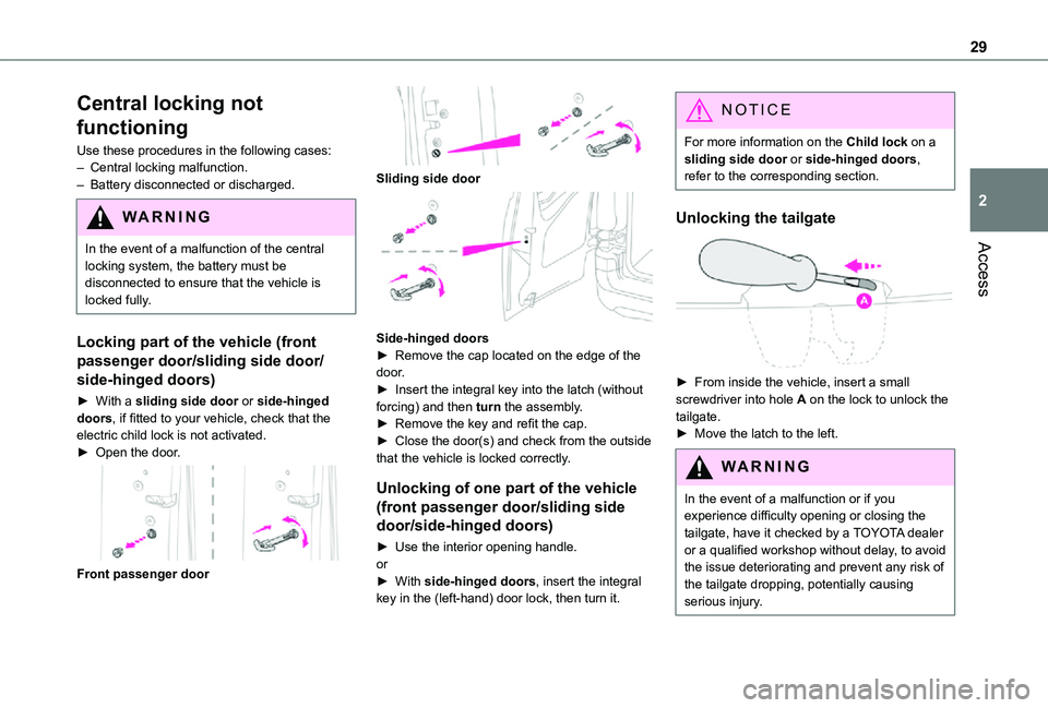 TOYOTA PROACE CITY VERSO 2021 Owners Manual 29
Access
2
Central locking not 
functioning
Use these procedures in the following cases:– Central locking malfunction.– Battery disconnected or discharged.
WARNI NG
In the event of a malfunction 