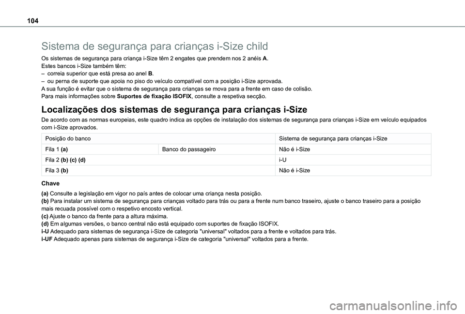 TOYOTA PROACE CITY VERSO 2021 Manual de utilização (in Portuguese) 104
Sistema de segurança para crianças i-Size child
Os sistemas de segurança para criança i-Size têm 2 engates que prendem nos 2 anéis A.Estes bancos i-Size também têm:– correia superior que TOYOTA PROACE CITY VERSO 2021 Manual de utilização (in Portuguese) 104
Sistema de segurança para crianças i-Size child
Os sistemas de segurança para criança i-Size têm 2 engates que prendem nos 2 anéis A.Estes bancos i-Size também têm:– correia superior que