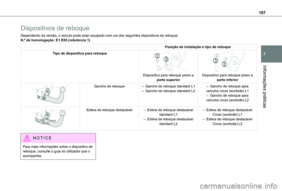 TOYOTA PROACE CITY VERSO 2021 Manual de utilização (in Portuguese) 167
Informações práticas
7
Dispositivos de reboque
Dependendo da versão, o veículo pode estar equipado com um dos seguintes dispositivos de reboque:N.º de homologação: E1 R55 (referência 1)
P TOYOTA PROACE CITY VERSO 2021 Manual de utilização (in Portuguese) 167
Informações práticas
7
Dispositivos de reboque
Dependendo da versão, o veículo pode estar equipado com um dos seguintes dispositivos de reboque:N.º de homologação: E1 R55 (referência 1)
P