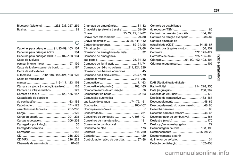 TOYOTA PROACE CITY VERSO 2021 Manual de utilização (in Portuguese) 267
Índice alfabético
Bluetooth (telefone) 232–233, 257–259Buzina 83
C
Cadeiras para crianças 91, 95–99, 103, 104Cadeiras para crianças i-Size 104Cadeiras para crianças ISOFIX 102 TOYOTA PROACE CITY VERSO 2021 Manual de utilização (in Portuguese) 267
Índice alfabético
Bluetooth (telefone) 232–233, 257–259Buzina 83
C
Cadeiras para crianças 91, 95–99, 103, 104Cadeiras para crianças i-Size 104Cadeiras para crianças ISOFIX 102