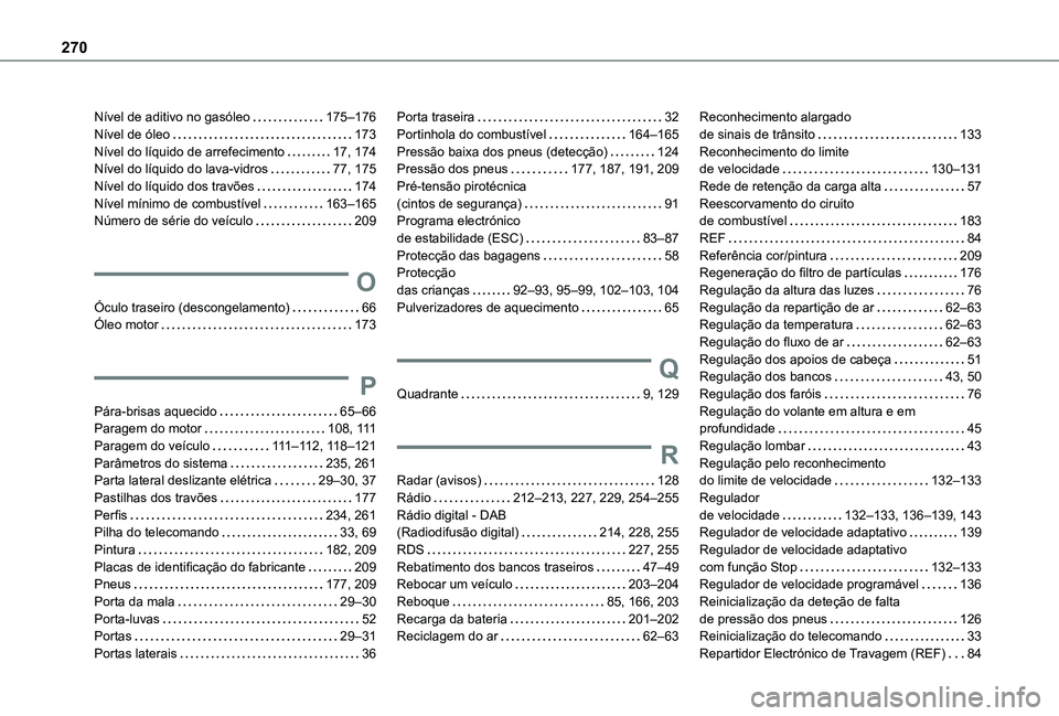 TOYOTA PROACE CITY VERSO 2021 Manual de utilização (in Portuguese) 270
Nível de aditivo no gasóleo 175–176Nível de óleo 173Nível do líquido de arrefecimento 17, 174Nível do líquido do lava-vidros 77, 175Nível do líquido dos travões 174Nível m TOYOTA PROACE CITY VERSO 2021 Manual de utilização (in Portuguese) 270
Nível de aditivo no gasóleo 175–176Nível de óleo 173Nível do líquido de arrefecimento 17, 174Nível do líquido do lava-vidros 77, 175Nível do líquido dos travões 174Nível m