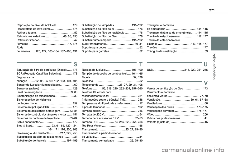 TOYOTA PROACE CITY VERSO 2021 Manual de utilização (in Portuguese) 271
Índice alfabético
Reposição do nível de AdBlue® 179Reservatótio do lava-vidros 175Retirar o tapete 52Retrovisores exteriores 46, 66, 150Retrovisor interior 47Revisões 17, 175R TOYOTA PROACE CITY VERSO 2021 Manual de utilização (in Portuguese) 271
Índice alfabético
Reposição do nível de AdBlue® 179Reservatótio do lava-vidros 175Retirar o tapete 52Retrovisores exteriores 46, 66, 150Retrovisor interior 47Revisões 17, 175R