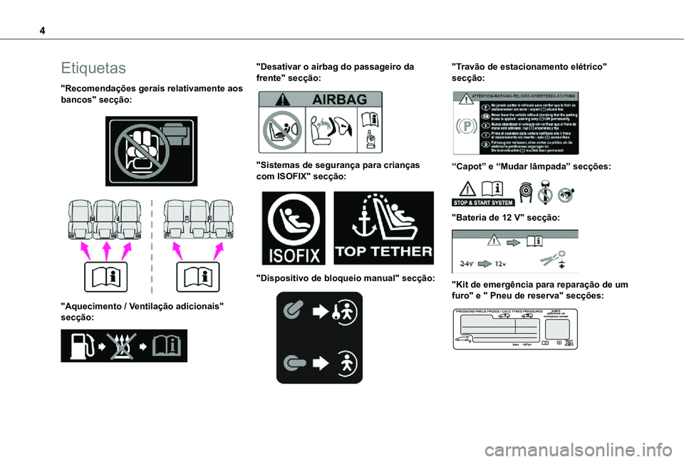 TOYOTA PROACE CITY VERSO 2021  Manual de utilização (in Portuguese) 4
Etiquetas
"Recomendações gerais relativamente aos bancos" secção: 
  
 
"Aquecimento / Ventilação adicionais" secção: 
 
"Desativar o airbag do passageiro da frente" 