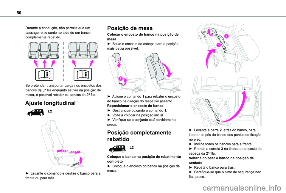 TOYOTA PROACE CITY VERSO 2021  Manual de utilização (in Portuguese) 50
Durante a condução, não permita que um passageiro se sente ao lado de um banco complemente rebatido. 
 
Se pretender transportar carga nos encostos dos bancos da 3ª fila enquanto estiver na pos