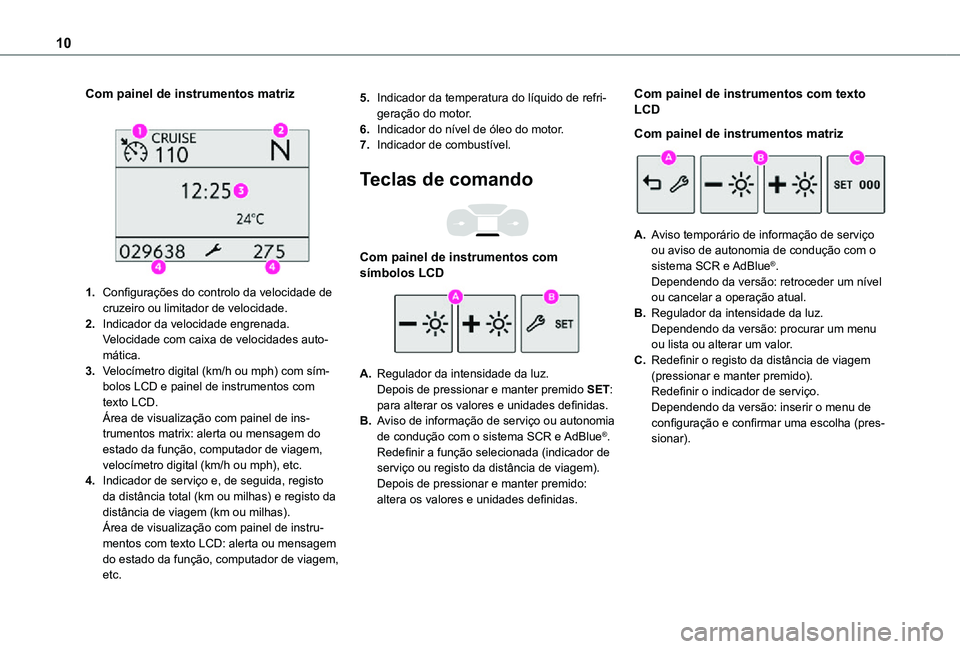 TOYOTA PROACE CITY VERSO 2021  Manual de utilização (in Portuguese) 10
Com painel de instrumentos matriz 
 
1.Configurações do controlo da velocidade de cruzeiro ou limitador de velocidade.
2.Indicador da velocidade engrenada.Velocidade com caixa de velocidades auto