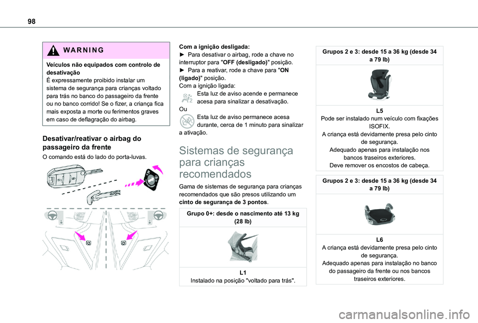 TOYOTA PROACE CITY VERSO 2021 Manual de utilização (in Portuguese) 98
WARNI NG
Veículos não equipados com controlo de desativaçãoÉ expressamente proibido instalar um sistema de segurança para crianças voltado para trás no banco do passageiro da frente ou no b TOYOTA PROACE CITY VERSO 2021 Manual de utilização (in Portuguese) 98
WARNI NG
Veículos não equipados com controlo de desativaçãoÉ expressamente proibido instalar um sistema de segurança para crianças voltado para trás no banco do passageiro da frente ou no b