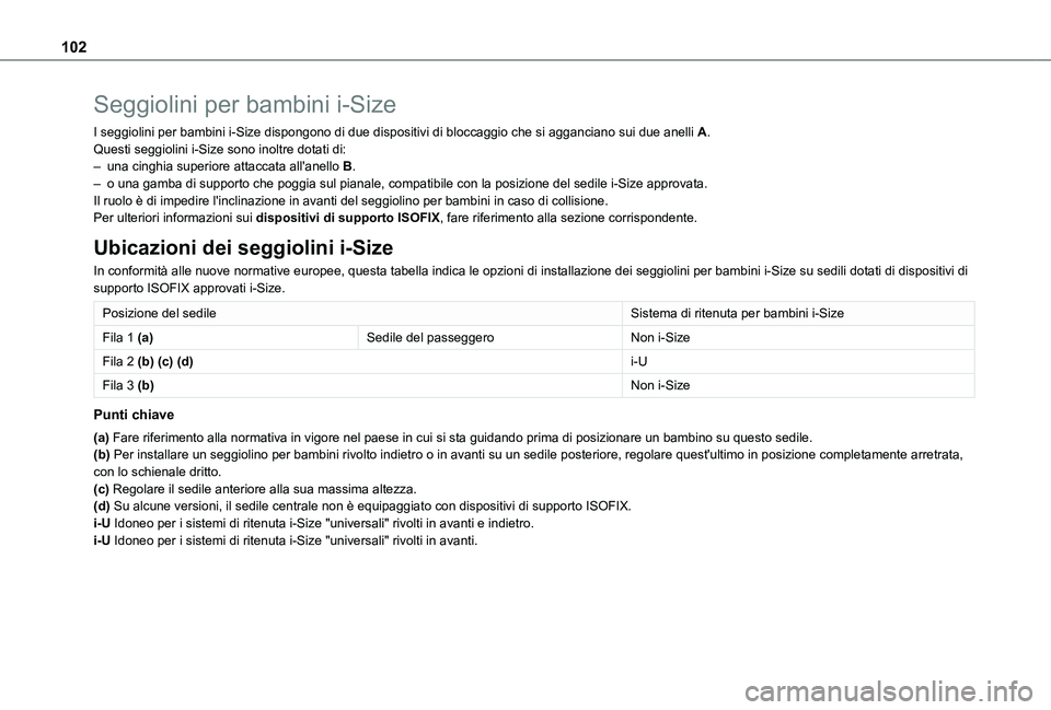 TOYOTA PROACE CITY VERSO 2021 Manuale duso (in Italian) 102
Seggiolini per bambini i-Size
I seggiolini per bambini i-Size dispongono di due dispositivi di bloccag\
gio che si agganciano sui due anelli A.Questi seggiolini i-Size sono inoltre dotati di:– u TOYOTA PROACE CITY VERSO 2021 Manuale duso (in Italian) 102
Seggiolini per bambini i-Size
I seggiolini per bambini i-Size dispongono di due dispositivi di bloccag\
gio che si agganciano sui due anelli A.Questi seggiolini i-Size sono inoltre dotati di:– u