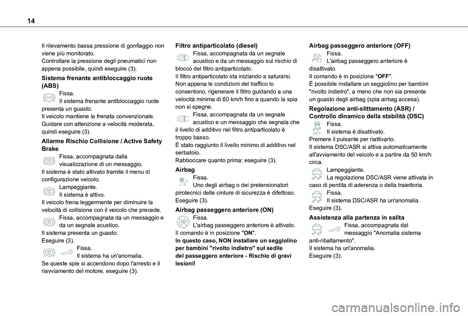 TOYOTA PROACE CITY VERSO 2021 Manuale duso (in Italian) 14
Il rilevamento bassa pressione di gonfiaggio non viene più monitorato.Controllare la pressione degli pneumatici non appena possibile, quindi eseguire (3).
Sistema frenante antibloccaggio ruote (AB TOYOTA PROACE CITY VERSO 2021 Manuale duso (in Italian) 14
Il rilevamento bassa pressione di gonfiaggio non viene più monitorato.Controllare la pressione degli pneumatici non appena possibile, quindi eseguire (3).
Sistema frenante antibloccaggio ruote (AB