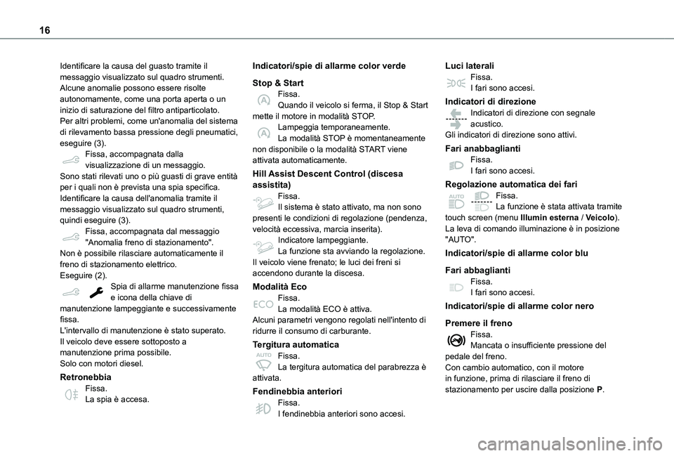 TOYOTA PROACE CITY VERSO 2021  Manuale duso (in Italian) 16
Identificare la causa del guasto tramite il messaggio visualizzato sul quadro strumenti.Alcune anomalie possono essere risolte autonomamente, come una porta aperta o un inizio di saturazione del fi