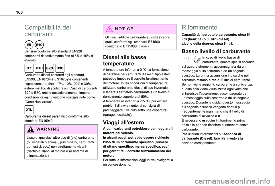 TOYOTA PROACE CITY VERSO 2021 Manuale duso (in Italian) 160
Compatibilità dei
carburanti
Benzine conformi allo standard EN228 contenenti rispettivamente fino al 5% e 10% di etanolo.
Carburanti diesel conformi agli standard EN590, EN16734 e EN16709 e TOYOTA PROACE CITY VERSO 2021 Manuale duso (in Italian) 160
Compatibilità dei
carburanti
Benzine conformi allo standard EN228 contenenti rispettivamente fino al 5% e 10% di etanolo.
Carburanti diesel conformi agli standard EN590, EN16734 e EN16709 e