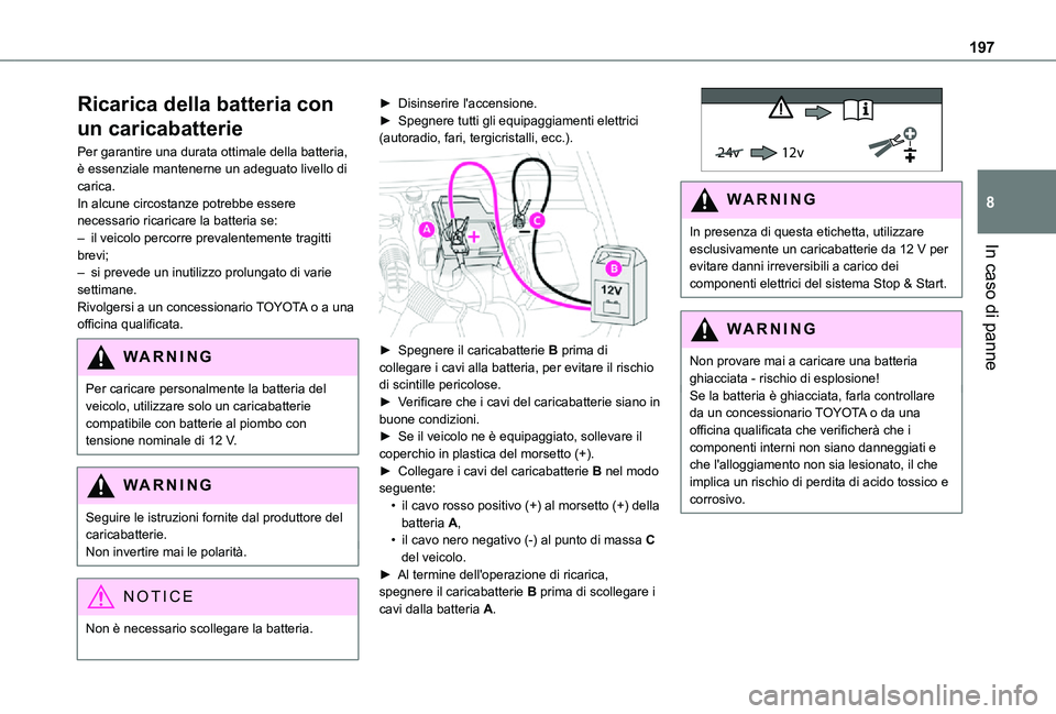 TOYOTA PROACE CITY VERSO 2021 Manuale duso (in Italian) 197
In caso di panne
8
Ricarica della batteria con
un caricabatterie
Per garantire una durata ottimale della batteria, è essenziale mantenerne un adeguato livello di carica.In alcune circostanze pot TOYOTA PROACE CITY VERSO 2021 Manuale duso (in Italian) 197
In caso di panne
8
Ricarica della batteria con
un caricabatterie
Per garantire una durata ottimale della batteria, è essenziale mantenerne un adeguato livello di carica.In alcune circostanze pot