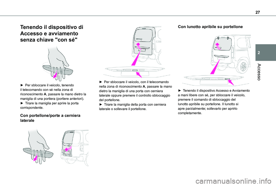 TOYOTA PROACE CITY VERSO 2021  Manuale duso (in Italian) 27
Accesso
2
Tenendo il dispositivo di 
Accesso e avviamento 
senza chiave "con sé" 
 
► Per sbloccare il veicolo, tenendo il telecomando con sé nella zona di riconoscimento A, passare la 