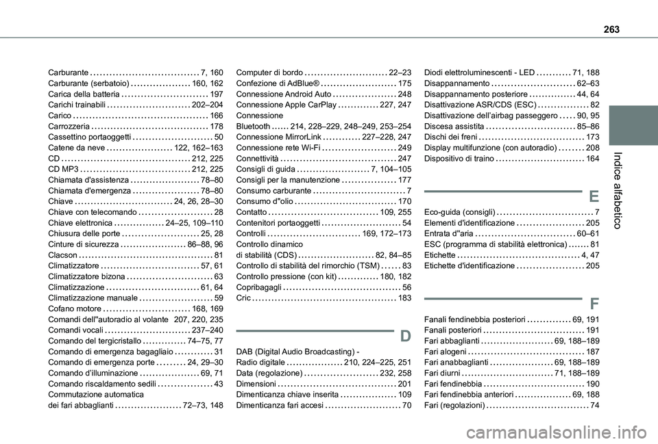 TOYOTA PROACE CITY VERSO 2021  Manuale duso (in Italian) 263
Indice alfabetico
Carburante   7, 160Carburante (serbatoio)   160, 162Carica della batteria   197Carichi trainabili   202–204Carico   166Carrozzeria   178Cassettino portaoggetti   50Catene da ne