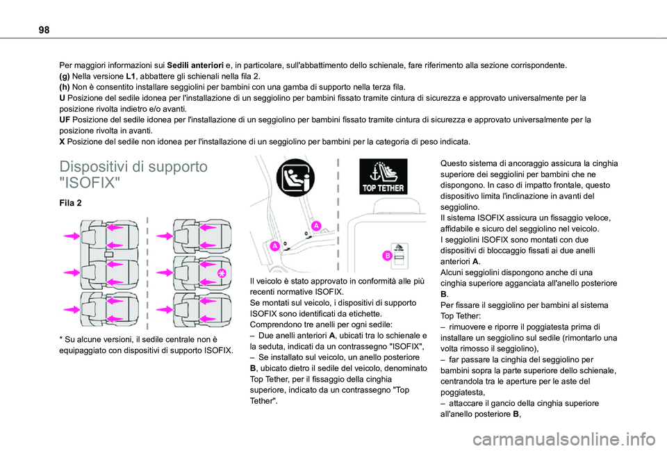 TOYOTA PROACE CITY VERSO 2021 Manuale duso (in Italian) 98
Per maggiori informazioni sui Sedili anteriori e, in particolare, sull'abbattimento dello schienale, fare riferimento \
alla sezione corrispondente.(g) Nella versione L1, abbattere gli schienal TOYOTA PROACE CITY VERSO 2021 Manuale duso (in Italian) 98
Per maggiori informazioni sui Sedili anteriori e, in particolare, sull'abbattimento dello schienale, fare riferimento \
alla sezione corrispondente.(g) Nella versione L1, abbattere gli schienal