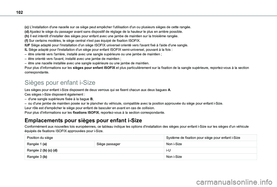 TOYOTA PROACE CITY VERSO 2021 Notices Demploi (in French) 102
(c) L'installation d'une nacelle sur ce siège peut empêcher l'utilisa\
tion d'un ou plusieurs sièges de cette rangée.(d) Ajustez le siège du passager avant sans dispositif de TOYOTA PROACE CITY VERSO 2021 Notices Demploi (in French) 102
(c) L'installation d'une nacelle sur ce siège peut empêcher l'utilisa\
tion d'un ou plusieurs sièges de cette rangée.(d) Ajustez le siège du passager avant sans dispositif de
