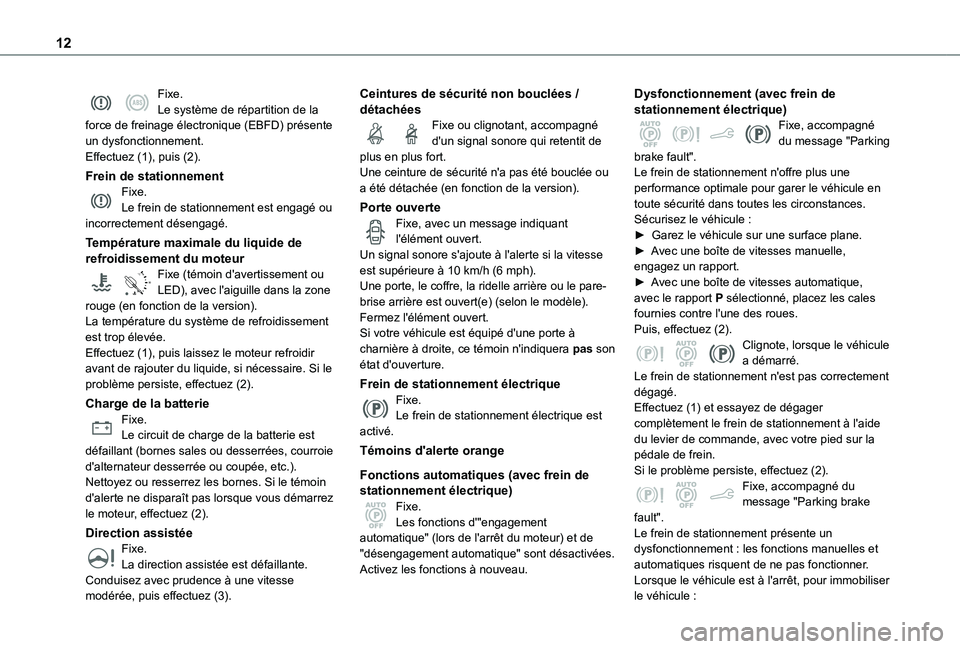 TOYOTA PROACE CITY VERSO 2021  Notices Demploi (in French) 12
Fixe.Le système de répartition de la force de freinage électronique (EBFD) présente un dysfonctionnement.Effectuez (1), puis (2).
Frein de stationnementFixe.Le frein de stationnement est engag�