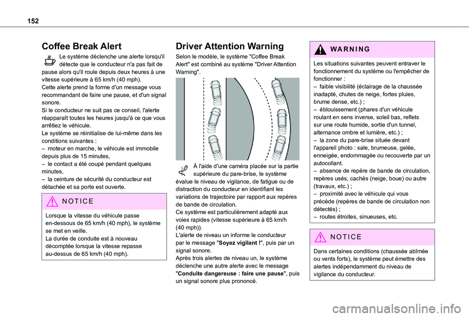 TOYOTA PROACE CITY VERSO 2021 Notices Demploi (in French) 152
Coffee Break Alert
Le système déclenche une alerte lorsqu'il détecte que le conducteur n'a pas fait de pause alors qu'il roule depuis deux heures à une vitesse supérieure à 65 km TOYOTA PROACE CITY VERSO 2021 Notices Demploi (in French) 152
Coffee Break Alert
Le système déclenche une alerte lorsqu'il détecte que le conducteur n'a pas fait de pause alors qu'il roule depuis deux heures à une vitesse supérieure à 65 km