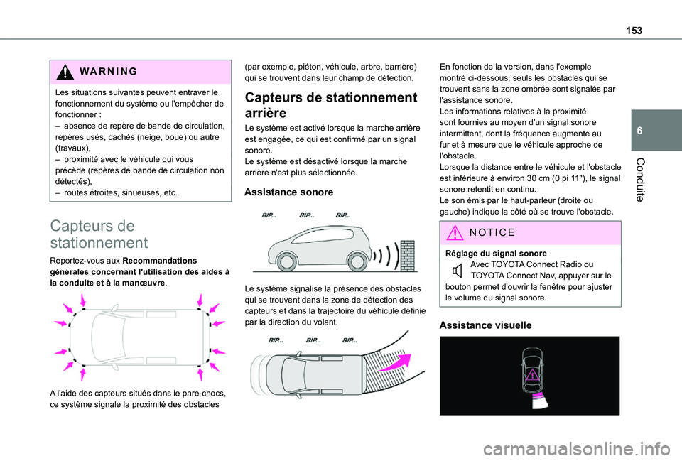 TOYOTA PROACE CITY VERSO 2021 Notices Demploi (in French) 153
Conduite
6
WARNI NG
Les situations suivantes peuvent entraver le fonctionnement du système ou l'empêcher de fonctionner :– absence de repère de bande de circulation, repères usés, cachà TOYOTA PROACE CITY VERSO 2021 Notices Demploi (in French) 153
Conduite
6
WARNI NG
Les situations suivantes peuvent entraver le fonctionnement du système ou l'empêcher de fonctionner :– absence de repère de bande de circulation, repères usés, cachÃ