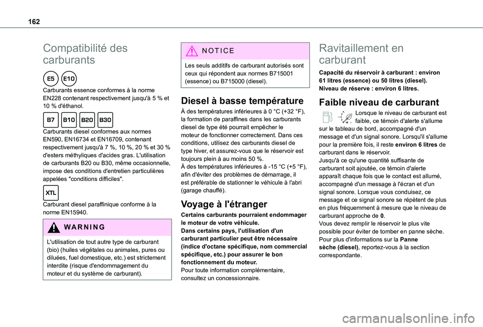 TOYOTA PROACE CITY VERSO 2021 Notices Demploi (in French) 162
Compatibilité des
carburants
Carburants essence conformes à la norme EN228 contenant respectivement jusqu'à 5 % et 10 % d'éthanol.
Carburants diesel conformes aux normes EN590, EN TOYOTA PROACE CITY VERSO 2021 Notices Demploi (in French) 162
Compatibilité des
carburants
Carburants essence conformes à la norme EN228 contenant respectivement jusqu'à 5 % et 10 % d'éthanol.
Carburants diesel conformes aux normes EN590, EN