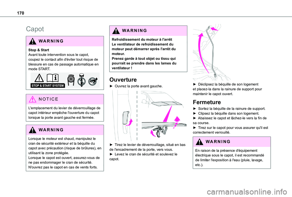 TOYOTA PROACE CITY VERSO 2021 Notices Demploi (in French) 170
Capot
WARNI NG
Stop & StartAvant toute intervention sous le capot, coupez le contact afin d'éviter tout risque de blessure en cas de passage automatique en mode START.
NOTIC E
L'emplaceme TOYOTA PROACE CITY VERSO 2021 Notices Demploi (in French) 170
Capot
WARNI NG
Stop & StartAvant toute intervention sous le capot, coupez le contact afin d'éviter tout risque de blessure en cas de passage automatique en mode START.
NOTIC E
L'emplaceme
