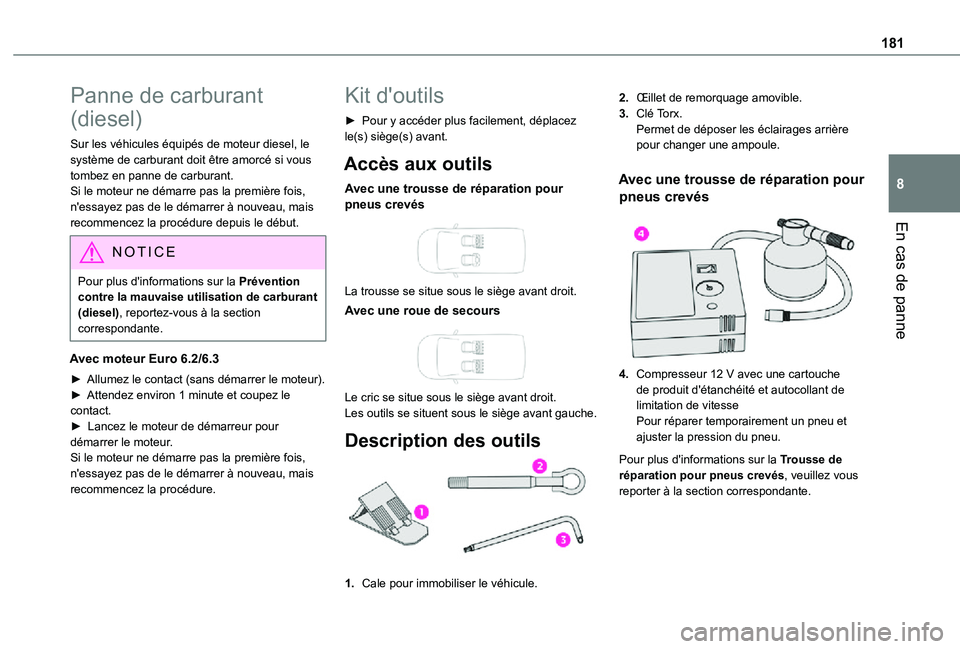 TOYOTA PROACE CITY VERSO 2021 Notices Demploi (in French) 181
En cas de panne
8
Panne de carburant
(diesel)
Sur les véhicules équipés de moteur diesel, le système de carburant doit être amorcé si vous tombez en panne de carburant.Si le moteur ne déma TOYOTA PROACE CITY VERSO 2021 Notices Demploi (in French) 181
En cas de panne
8
Panne de carburant
(diesel)
Sur les véhicules équipés de moteur diesel, le système de carburant doit être amorcé si vous tombez en panne de carburant.Si le moteur ne déma