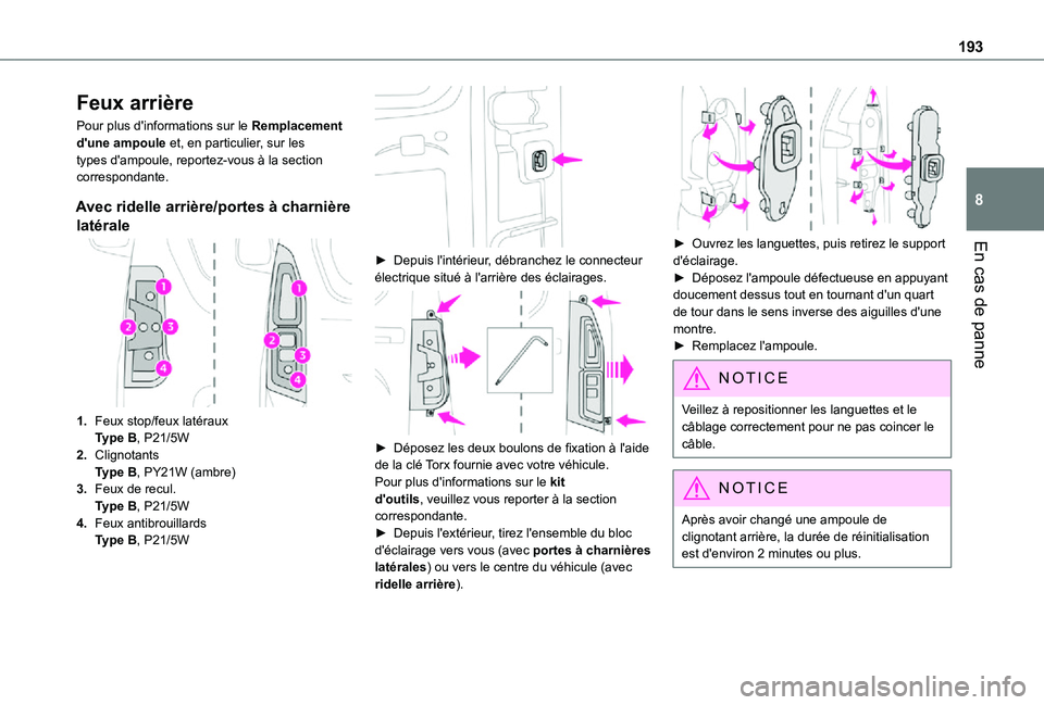 TOYOTA PROACE CITY VERSO 2021  Notices Demploi (in French) 193
En cas de panne
8
Feux arrière
Pour plus d'informations sur le Remplacement d'une ampoule et, en particulier, sur les types d'ampoule, reportez-vous à la section correspondante.
Avec