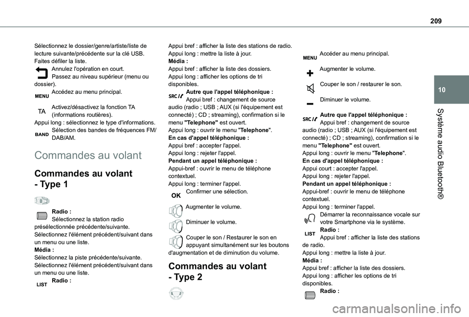 TOYOTA PROACE CITY VERSO 2021  Notices Demploi (in French) 209
Système audio Bluetooth®
10
Sélectionnez le dossier/genre/artiste/liste de lecture suivante/précédente sur la clé USB.Faites défiler la liste.Annulez l'opération en court.Passez au niv