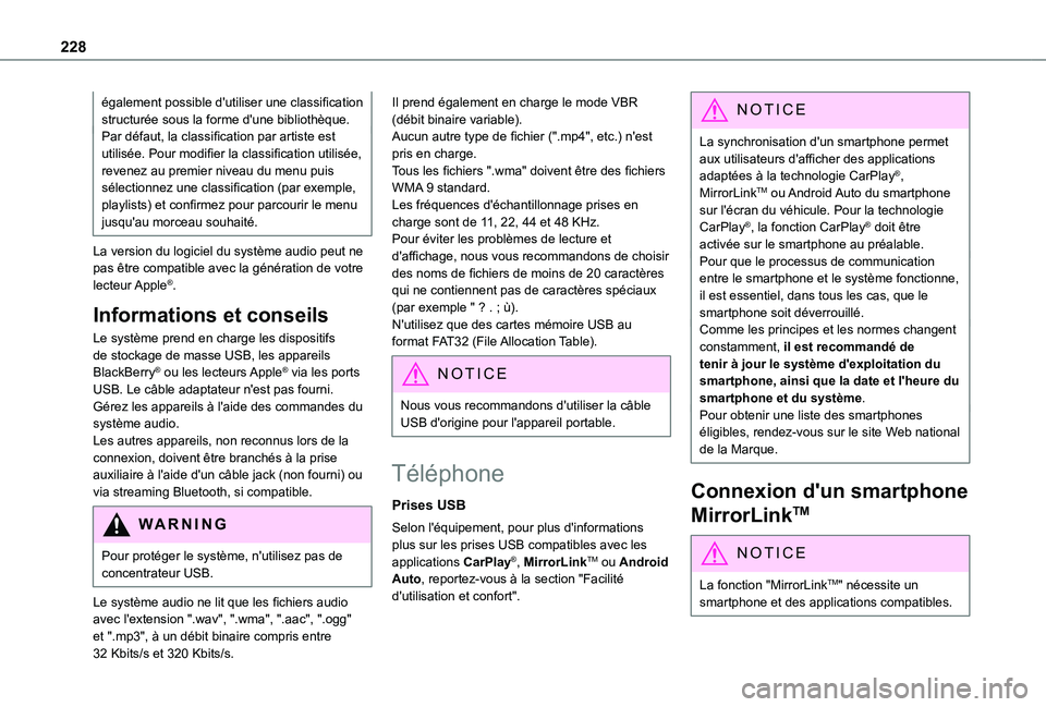 TOYOTA PROACE CITY VERSO 2021  Notices Demploi (in French) 228
également possible d'utiliser une classification structurée sous la forme d'une bibliothèque.Par défaut, la classification par artiste est utilisée. Pour modifier la classification ut