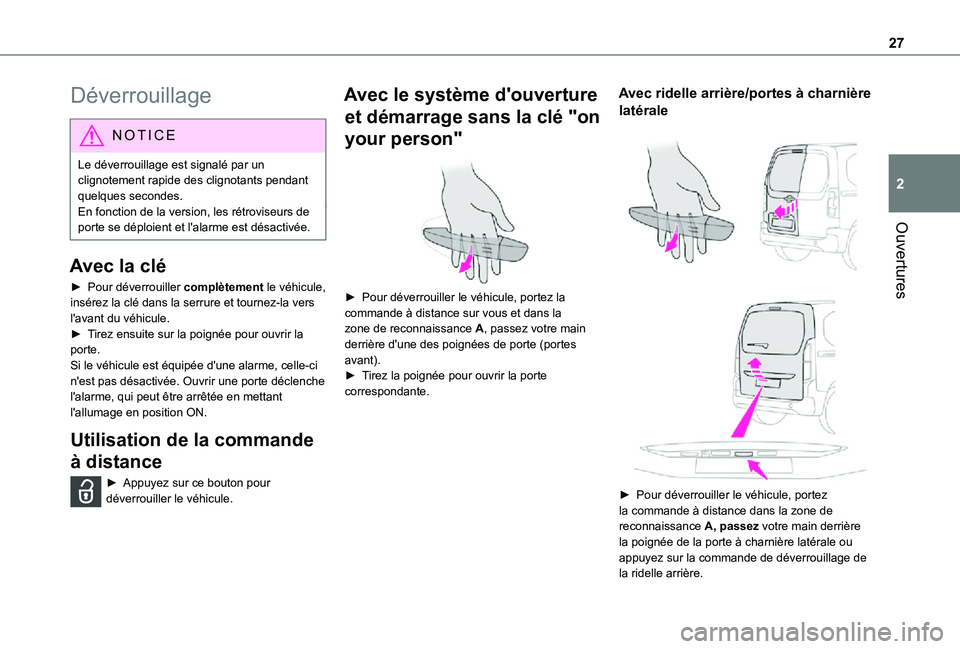 TOYOTA PROACE CITY VERSO 2021 Notices Demploi (in French) 27
Ouvertures
2
Déverrouillage
NOTIC E
Le déverrouillage est signalé par un clignotement rapide des clignotants pendant quelques secondes.En fonction de la version, les rétroviseurs de porte se dà TOYOTA PROACE CITY VERSO 2021 Notices Demploi (in French) 27
Ouvertures
2
Déverrouillage
NOTIC E
Le déverrouillage est signalé par un clignotement rapide des clignotants pendant quelques secondes.En fonction de la version, les rétroviseurs de porte se dÃ
