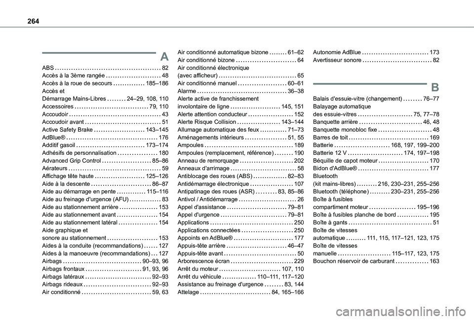 TOYOTA PROACE CITY VERSO 2021  Notices Demploi (in French) 264
A
ABS   82Accès à la 3ème rangée   48Accès à la roue de secours   185–186Accès et  Démarrage Mains-Libres   24–29, 108, 11 0Accessoires   79, 11 0Accoudoir   43Accoudoir avant   51Acti