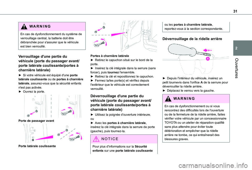 TOYOTA PROACE CITY VERSO 2021 Notices Demploi (in French) 31
Ouvertures
2
WARNI NG
En cas de dysfonctionnement du système de verrouillage central, la batterie doit être débranchée pour s'assurer que le véhicule est bien verrouillé.
Verrouillage d TOYOTA PROACE CITY VERSO 2021 Notices Demploi (in French) 31
Ouvertures
2
WARNI NG
En cas de dysfonctionnement du système de verrouillage central, la batterie doit être débranchée pour s'assurer que le véhicule est bien verrouillé.
Verrouillage d