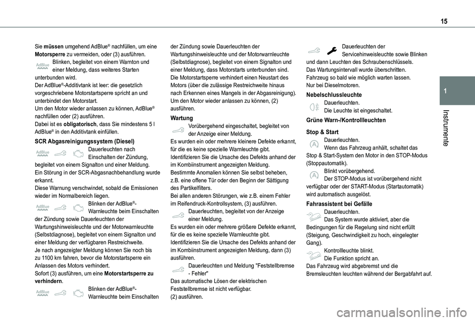 TOYOTA PROACE CITY VERSO 2021  Betriebsanleitungen (in German) 15
Instrumente
1
Sie müssen  umgehend AdBlue® nachfüllen, um eine Motorsperre zu vermeiden, oder (3) ausführen.Blinken, begleitet von einem Warnton und einer Meldung, dass weiteres Starten unterbu