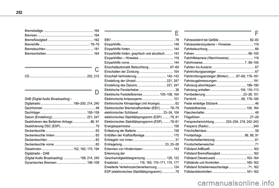 TOYOTA PROACE CITY VERSO 2021 Betriebsanleitungen (in German) 252
Bremsbeläge 164Bremsen 164Bremsflüssigkeit 162Bremshilfe 78–79Bremsleuchten 181Bremsscheiben 164
C
CD 202, 215
D
DAB (Digital Audio Broadcasting) - Digitalradio 199–200, 214 TOYOTA PROACE CITY VERSO 2021 Betriebsanleitungen (in German) 252
Bremsbeläge 164Bremsen 164Bremsflüssigkeit 162Bremshilfe 78–79Bremsleuchten 181Bremsscheiben 164
C
CD 202, 215
D
DAB (Digital Audio Broadcasting) - Digitalradio 199–200, 214