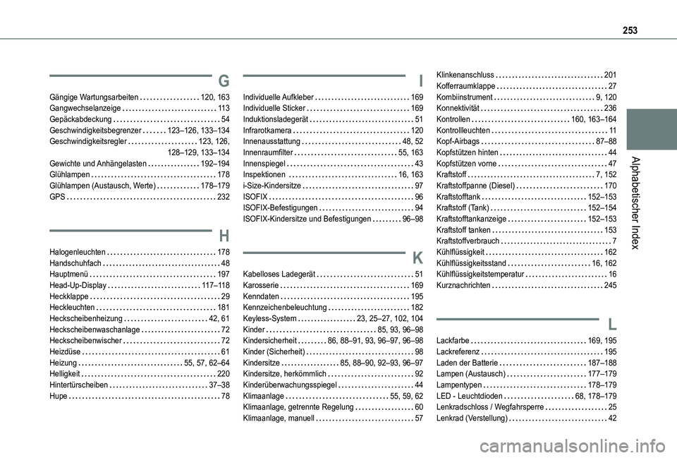 TOYOTA PROACE CITY VERSO 2021 Betriebsanleitungen (in German) 253
Alphabetischer Index
G
Gängige Wartungsarbeiten 120, 163Gangwechselanzeige 11 3Gepäckabdeckung 54Geschwindigkeitsbegrenzer 123–126, 133–134Geschwindigkeitsregler 123, 126, 128–1 TOYOTA PROACE CITY VERSO 2021 Betriebsanleitungen (in German) 253
Alphabetischer Index
G
Gängige Wartungsarbeiten 120, 163Gangwechselanzeige 11 3Gepäckabdeckung 54Geschwindigkeitsbegrenzer 123–126, 133–134Geschwindigkeitsregler 123, 126, 128–1