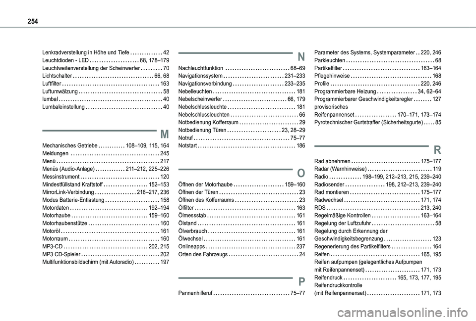 TOYOTA PROACE CITY VERSO 2021 Betriebsanleitungen (in German) 254
Lenkradverstellung in Höhe und Tiefe 42Leuchtdioden - LED 68, 178–179Leuchtweitenverstellung der Scheinwerfer 70Lichtschalter 66, 68Luftfilter 163Luftumwälzung 58lumbal 40Lumbale TOYOTA PROACE CITY VERSO 2021 Betriebsanleitungen (in German) 254
Lenkradverstellung in Höhe und Tiefe 42Leuchtdioden - LED 68, 178–179Leuchtweitenverstellung der Scheinwerfer 70Lichtschalter 66, 68Luftfilter 163Luftumwälzung 58lumbal 40Lumbale