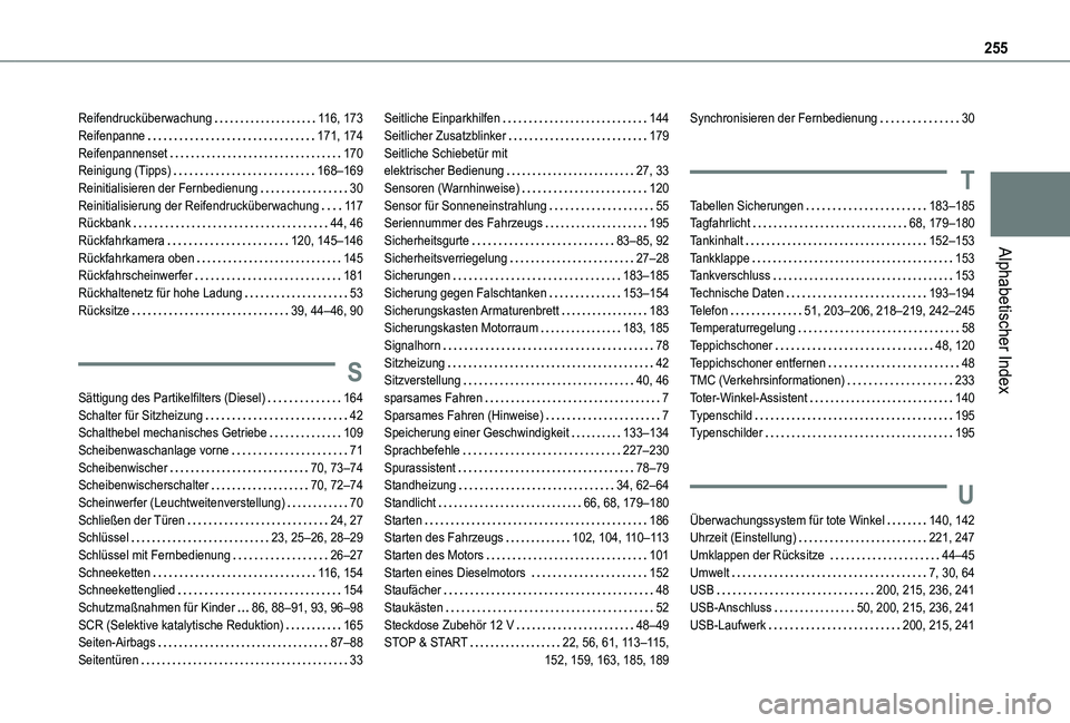 TOYOTA PROACE CITY VERSO 2021 Betriebsanleitungen (in German) 255
Alphabetischer Index
Reifendrucküberwachung 11 6, 173Reifenpanne 171, 174Reifenpannenset 170Reinigung (Tipps) 168–169Reinitialisieren der Fernbedienung 30Reinitialisierung der Reifend TOYOTA PROACE CITY VERSO 2021 Betriebsanleitungen (in German) 255
Alphabetischer Index
Reifendrucküberwachung 11 6, 173Reifenpanne 171, 174Reifenpannenset 170Reinigung (Tipps) 168–169Reinitialisieren der Fernbedienung 30Reinitialisierung der Reifend
