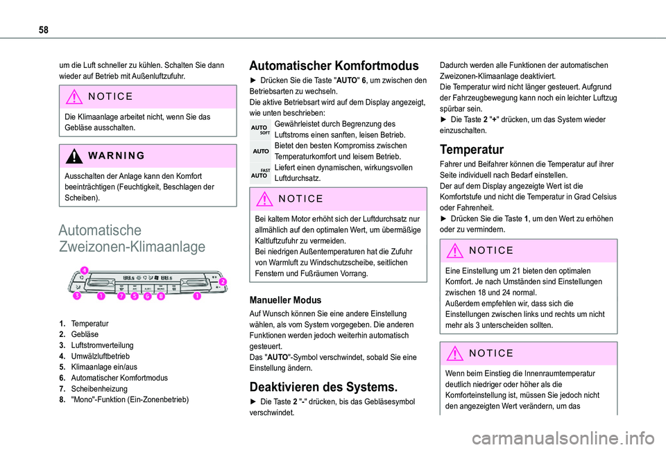 TOYOTA PROACE CITY VERSO 2021 Betriebsanleitungen (in German) 58
um die Luft schneller zu kühlen. Schalten Sie dann wieder auf Betrieb mit Außenluftzufuhr.
NOTIC E
Die Klimaanlage arbeitet nicht, wenn Sie das Gebläse ausschalten.
WARNI NG
Ausschalten der Anla TOYOTA PROACE CITY VERSO 2021 Betriebsanleitungen (in German) 58
um die Luft schneller zu kühlen. Schalten Sie dann wieder auf Betrieb mit Außenluftzufuhr.
NOTIC E
Die Klimaanlage arbeitet nicht, wenn Sie das Gebläse ausschalten.
WARNI NG
Ausschalten der Anla