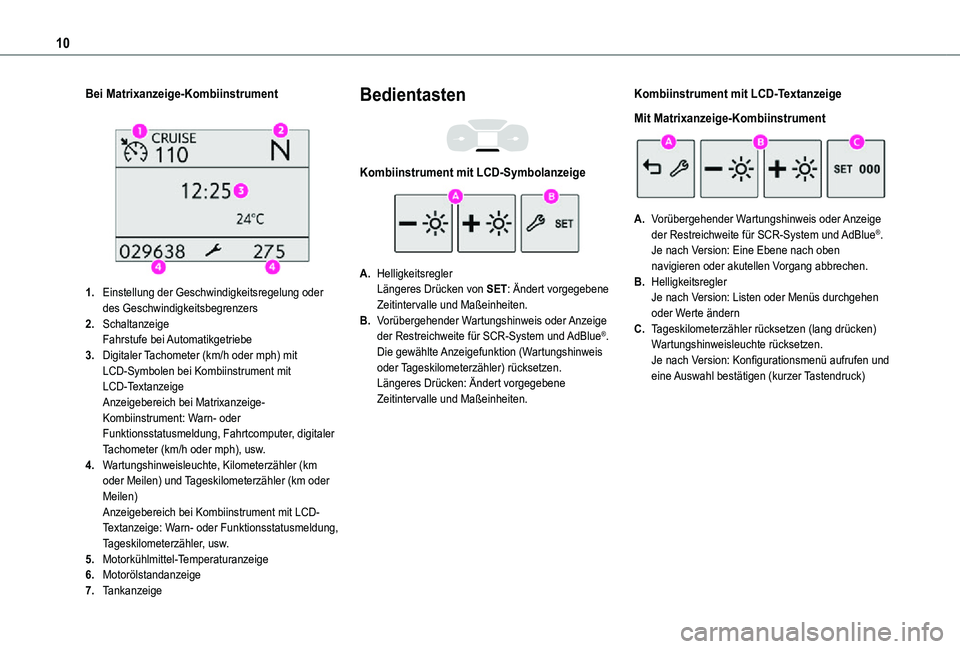 TOYOTA PROACE CITY VERSO 2021 Betriebsanleitungen (in German) 10
Bei Matrixanzeige-Kombiinstrument
1.Einstellung der Geschwindigkeitsregelung oder des Geschwindigkeitsbegrenzers
2.SchaltanzeigeFahrstufe bei Automatikgetriebe
3.Digitaler Tachometer (km/h oder TOYOTA PROACE CITY VERSO 2021 Betriebsanleitungen (in German) 10
Bei Matrixanzeige-Kombiinstrument
1.Einstellung der Geschwindigkeitsregelung oder des Geschwindigkeitsbegrenzers
2.SchaltanzeigeFahrstufe bei Automatikgetriebe
3.Digitaler Tachometer (km/h oder