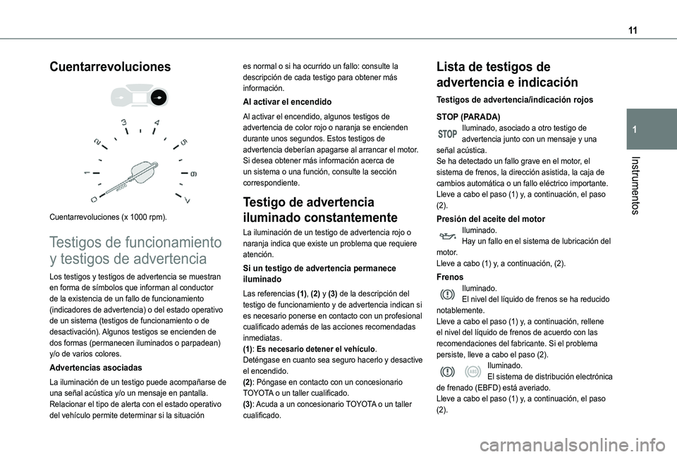 TOYOTA PROACE CITY VERSO 2021  Manuale de Empleo (in Spanish) 11
Instrumentos
1
Cuentarrevoluciones 
  
 
Cuentarrevoluciones (x 1000 rpm).
Testigos de funcionamiento 
y testigos de advertencia
Los testigos y testigos de advertencia se muestran en forma de símb