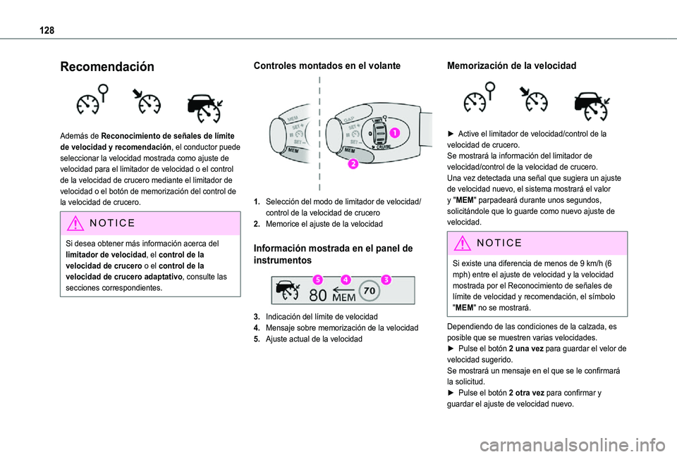 TOYOTA PROACE CITY VERSO 2021 Manuale de Empleo (in Spanish) 128
Recomendación
Además de Reconocimiento de señales de límite de velocidad y recomendación, el conductor puede seleccionar la velocidad mostrada como ajuste de velocidad para el limitador de TOYOTA PROACE CITY VERSO 2021 Manuale de Empleo (in Spanish) 128
Recomendación
Además de Reconocimiento de señales de límite de velocidad y recomendación, el conductor puede seleccionar la velocidad mostrada como ajuste de velocidad para el limitador de