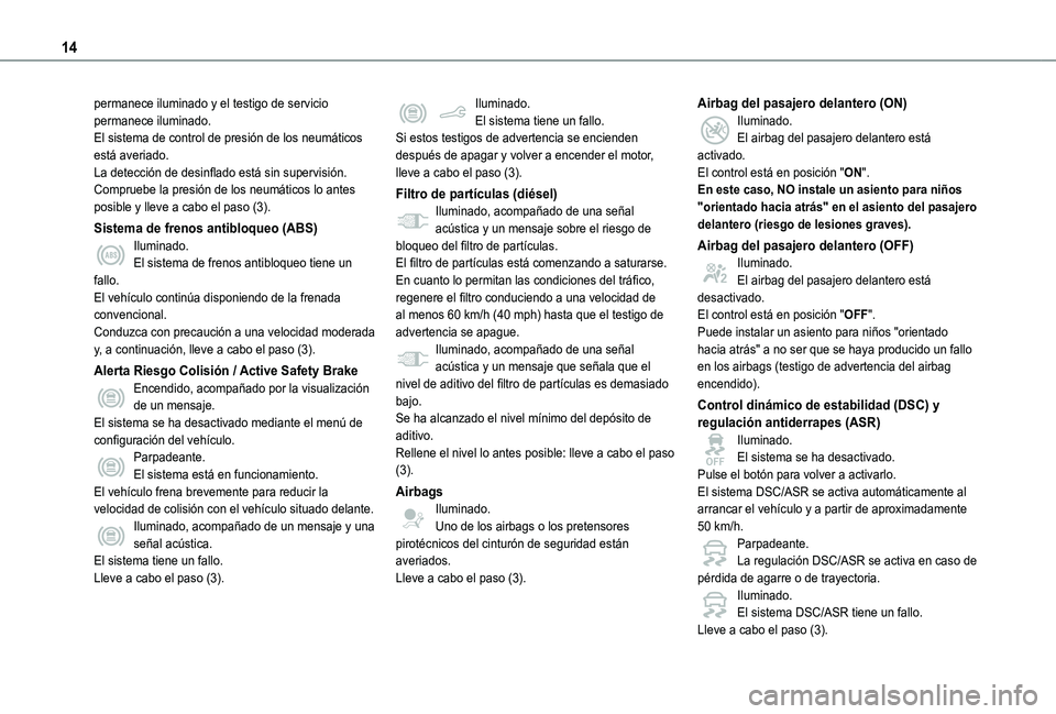 TOYOTA PROACE CITY VERSO 2021  Manuale de Empleo (in Spanish) 14
permanece iluminado y el testigo de servicio permanece iluminado.El sistema de control de presión de los neumáticos está averiado.La detección de desinflado está sin supervisión.Compruebe la 